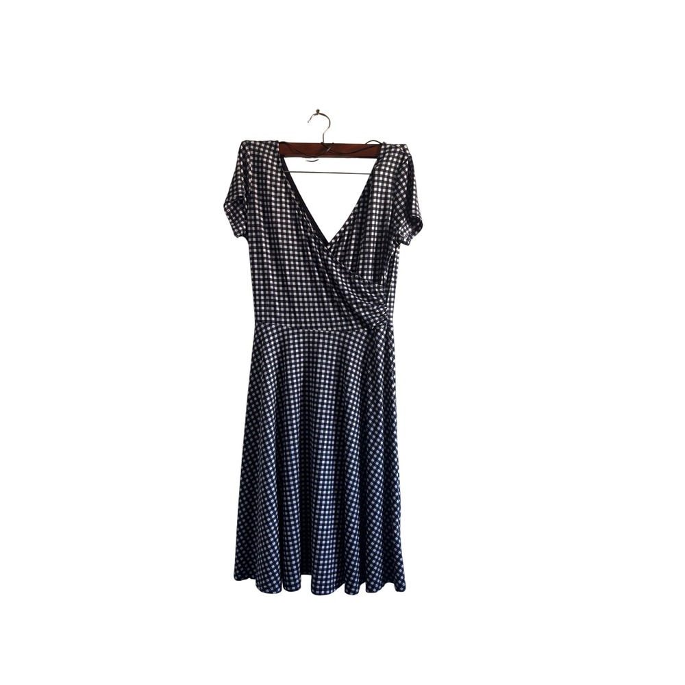 Kaileigh‎ Amandine Knit Dress Navy White Gingham Wrap V Neck Midi Size M